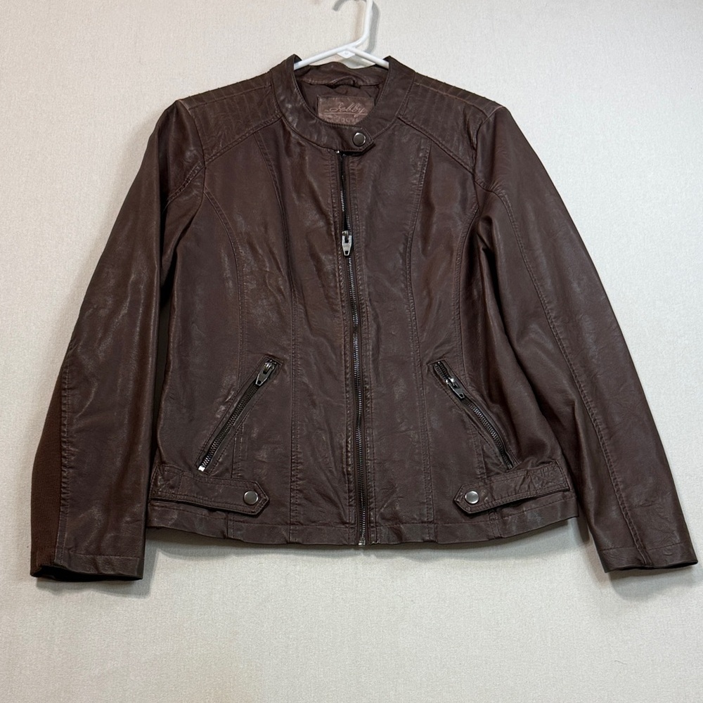Sebby Collection Elegant Brown Faux Leather Jacket